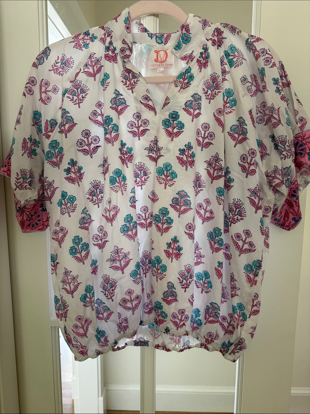 Victoria Dunn White Blouse with Teal & Pink Floral Print